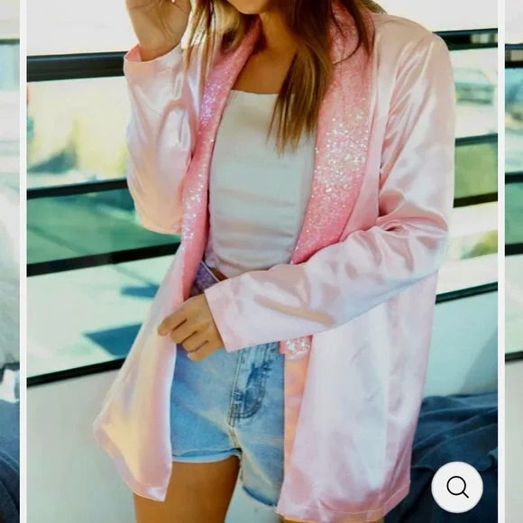Blazer / Open Front Cardigan - Queen Bee Pink Satin & Sequin  Fantastic Fawn NWT - Picture 2 of 5